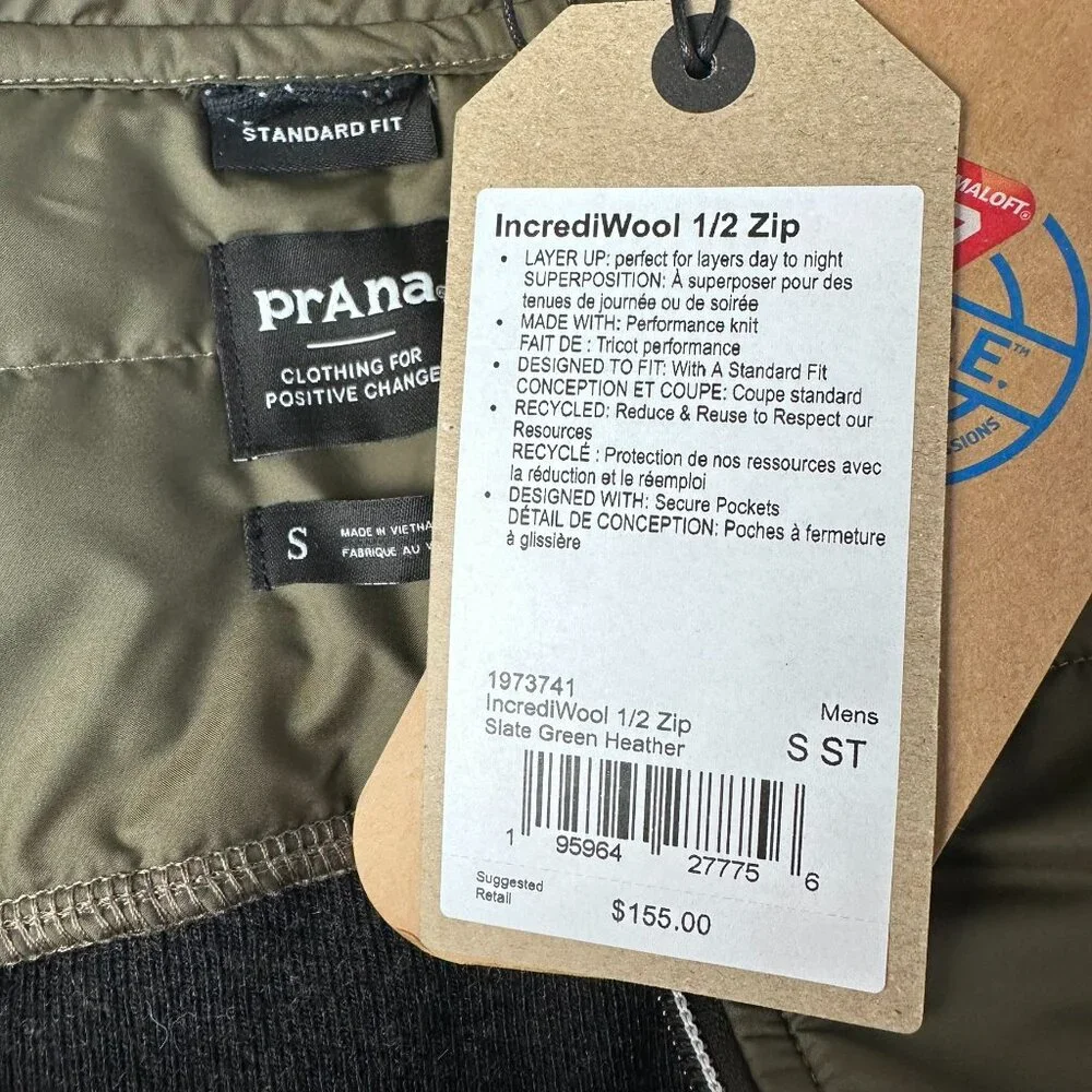 prAna Men's IncrediWool 1/2 Zip Wooly Bird Fleece Jacket, Size S, Slate Green‎